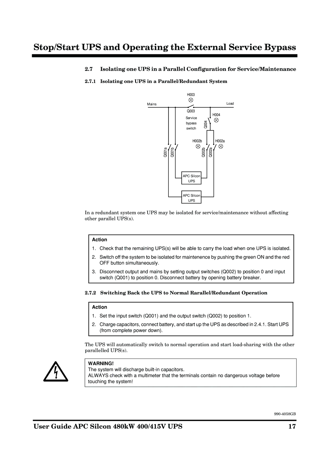 American Power Conversion 480kW manual Isolating one UPS in a Parallel/Redundant System 