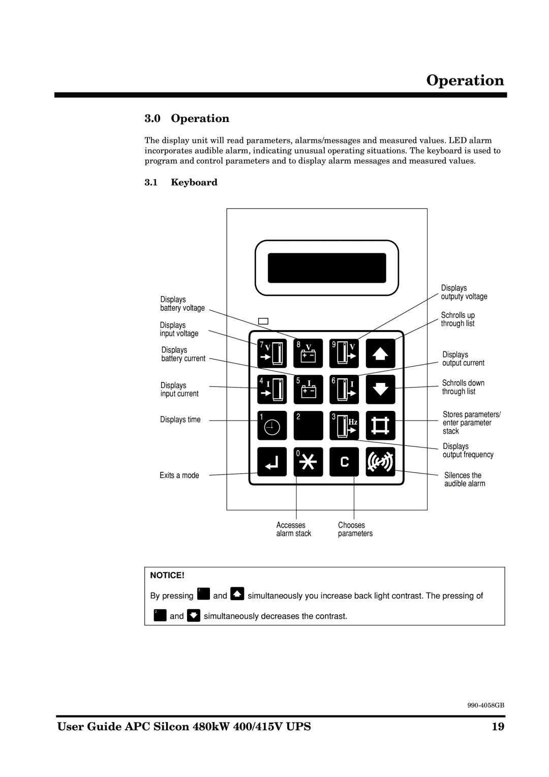 American Power Conversion 480kW manual Operation, Keyboard 