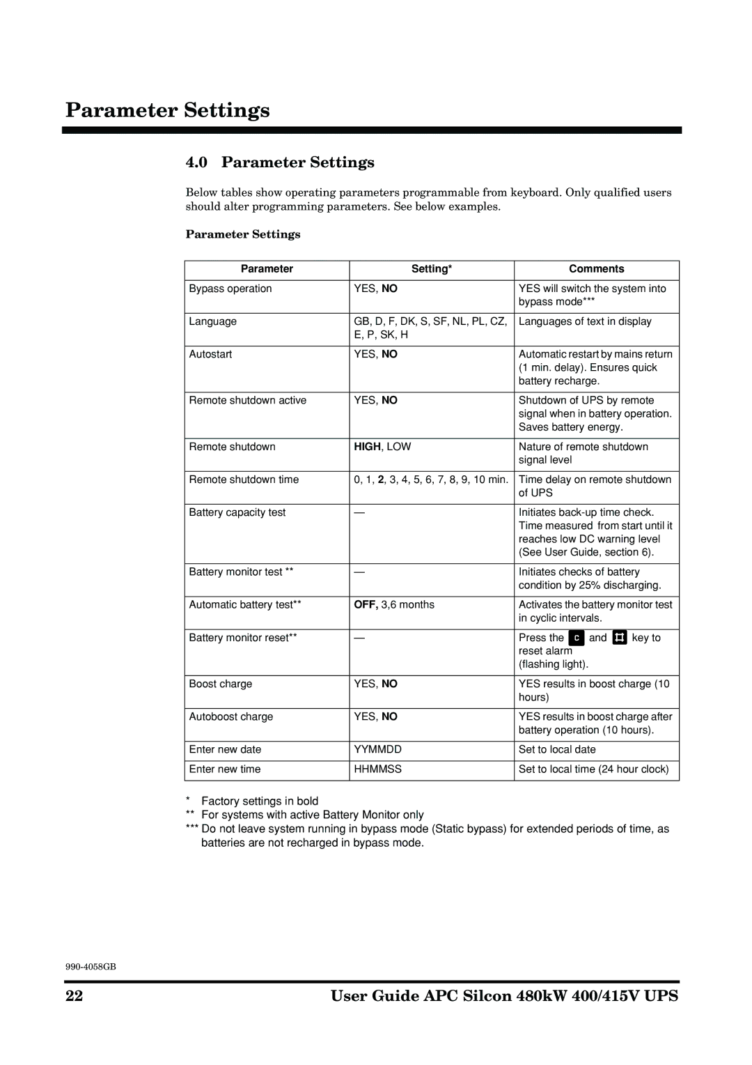 American Power Conversion 480kW manual Parameter Settings 