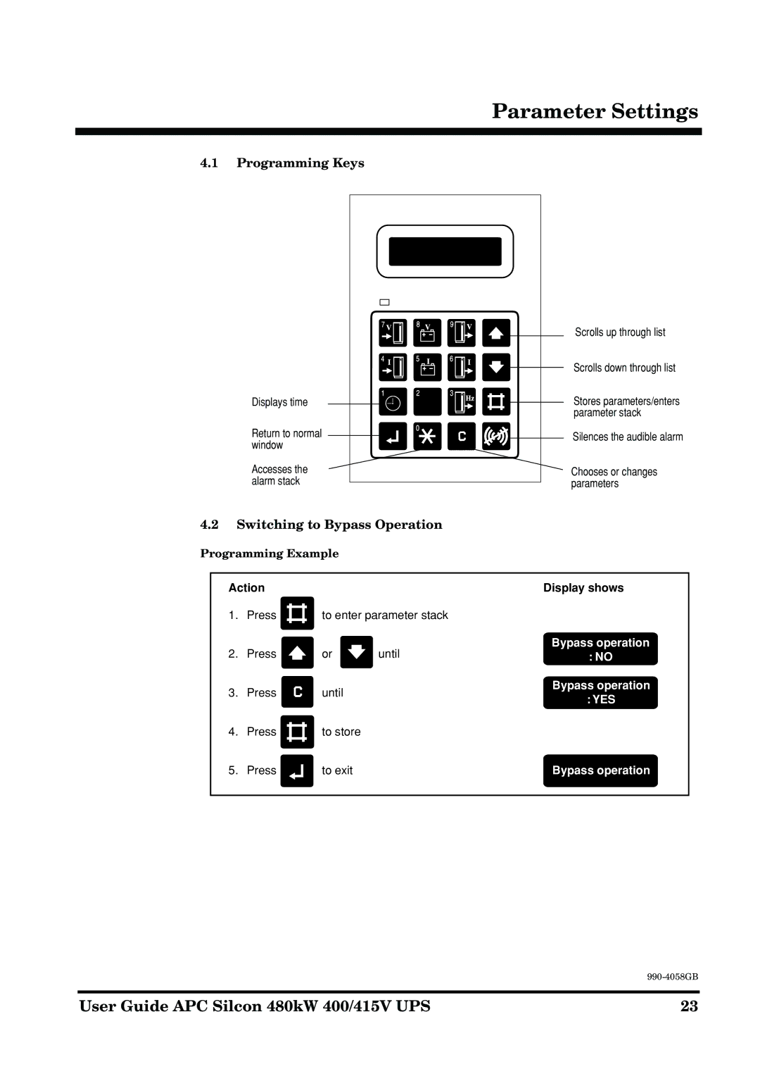 American Power Conversion 480kW manual Programming Keys, Switching to Bypass Operation, Programming Example 