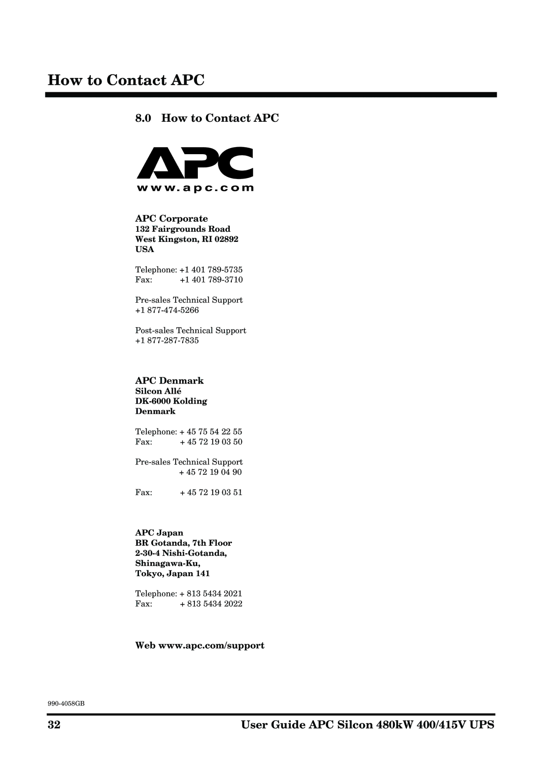 American Power Conversion 480kW manual How to Contact APC, APC Corporate, APC Denmark 