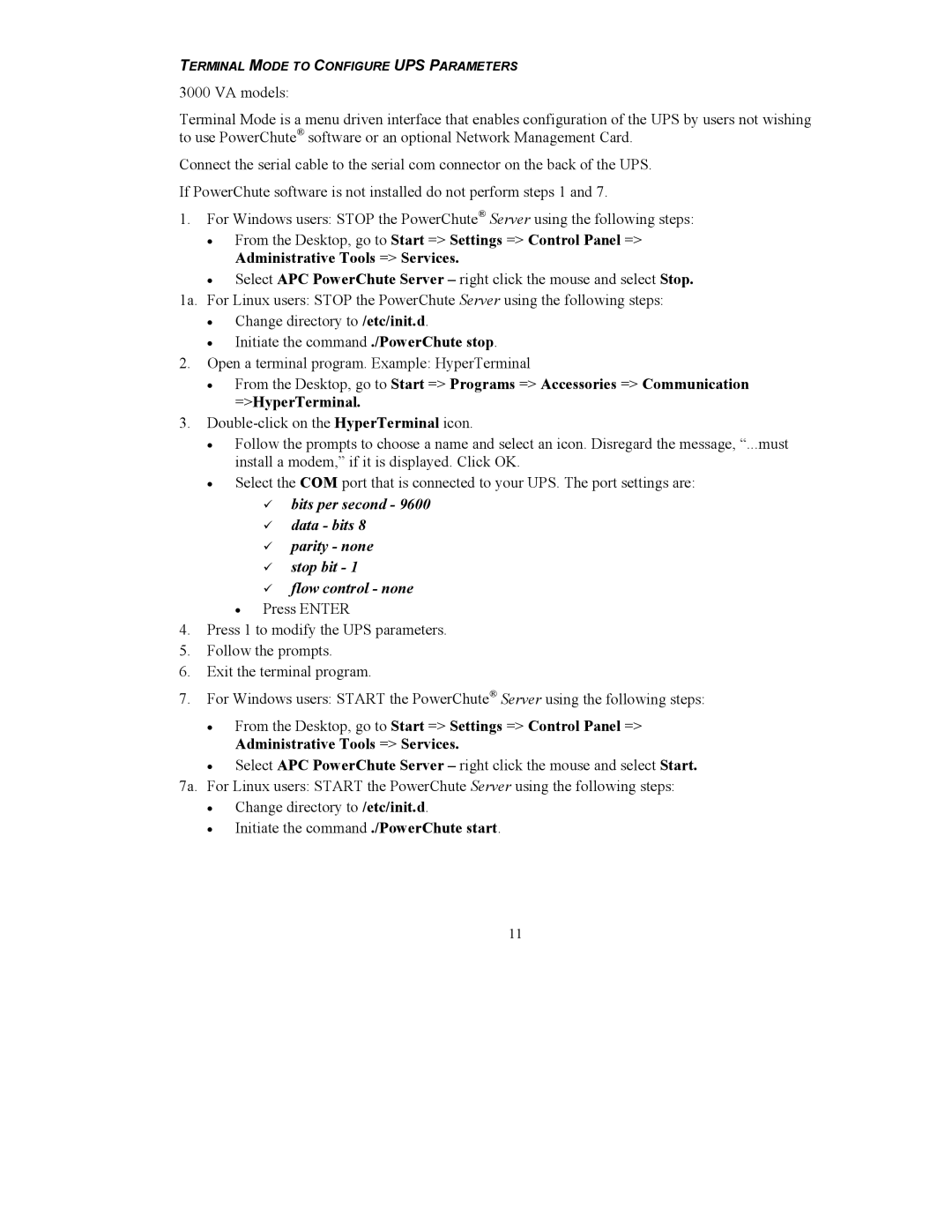 American Power Conversion 5000 VA user manual Terminal Mode to Configure UPS Parameters 