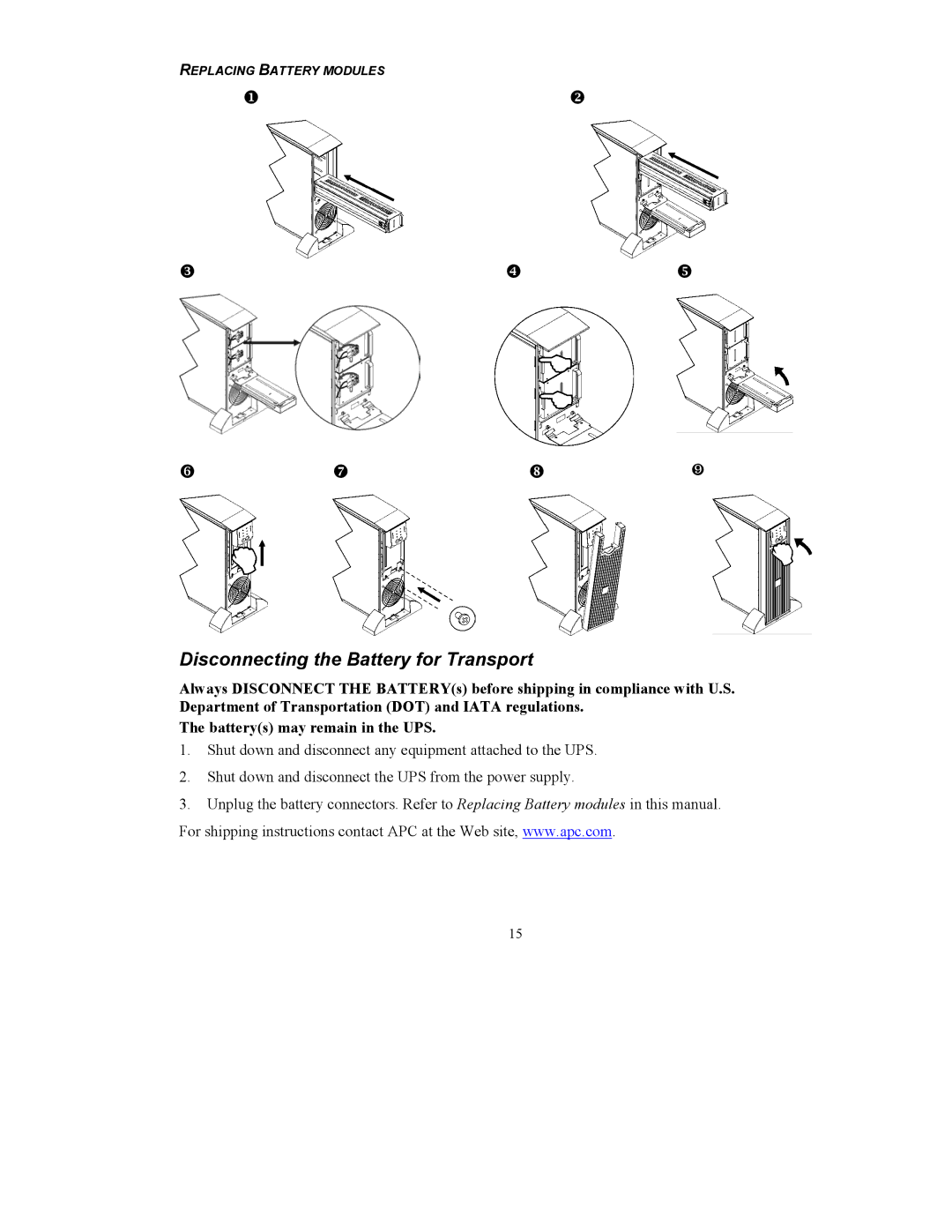 American Power Conversion 5000 VA user manual Disconnecting the Battery for Transport 