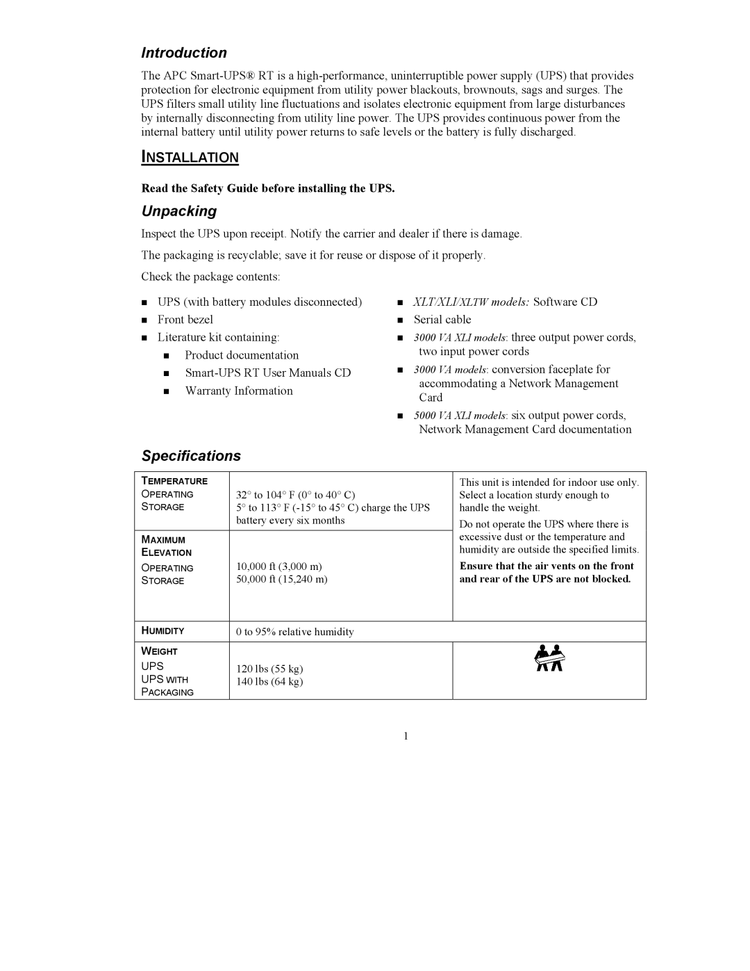 American Power Conversion 5000 VA user manual Introduction, Unpacking, Specifications 