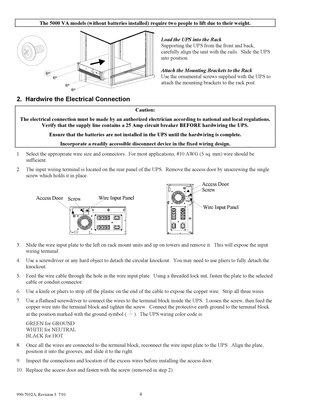 American Power Conversion 5000I user manual Hardwire the Electrical Connection, Load the UPS into the Rack 