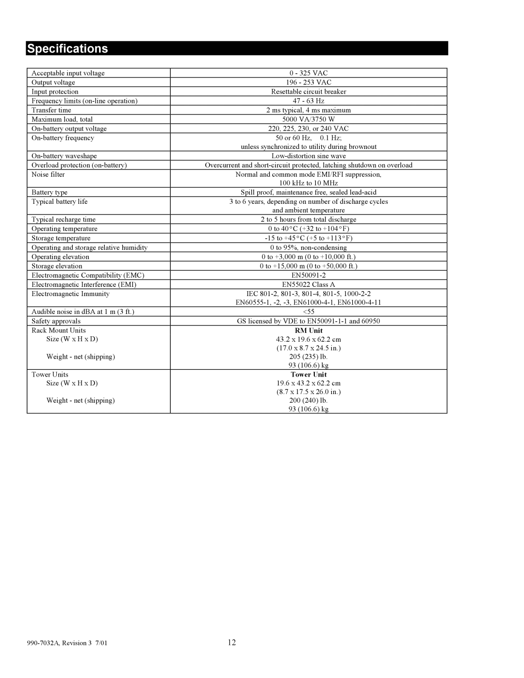 American Power Conversion 5000I user manual Specifications 