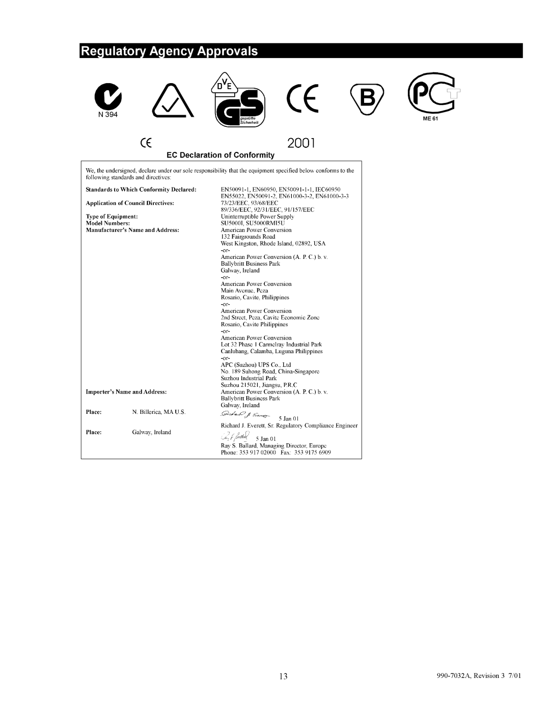 American Power Conversion 5000I user manual Regulatory Agency Approvals 