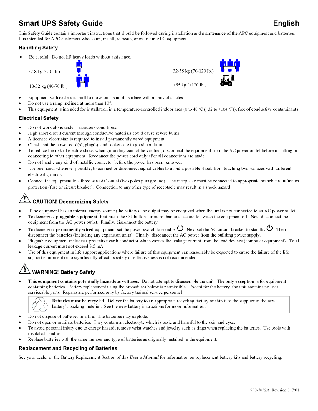 American Power Conversion 5000I user manual Handling Safety, Electrical Safety, Replacement and Recycling of Batteries 