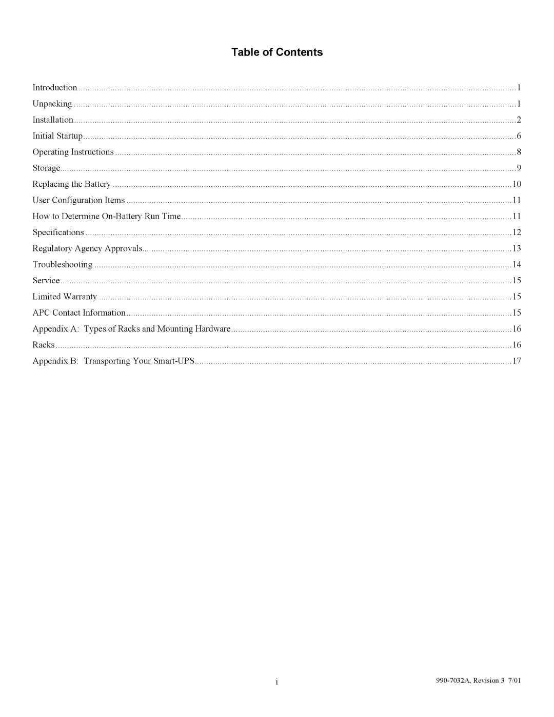 American Power Conversion 5000I user manual Table of Contents 