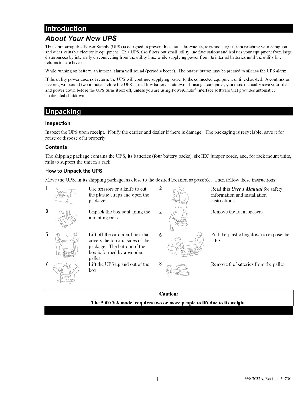 American Power Conversion 5000I user manual Introduction, Unpacking, Inspection, Contents, How to Unpack the UPS 