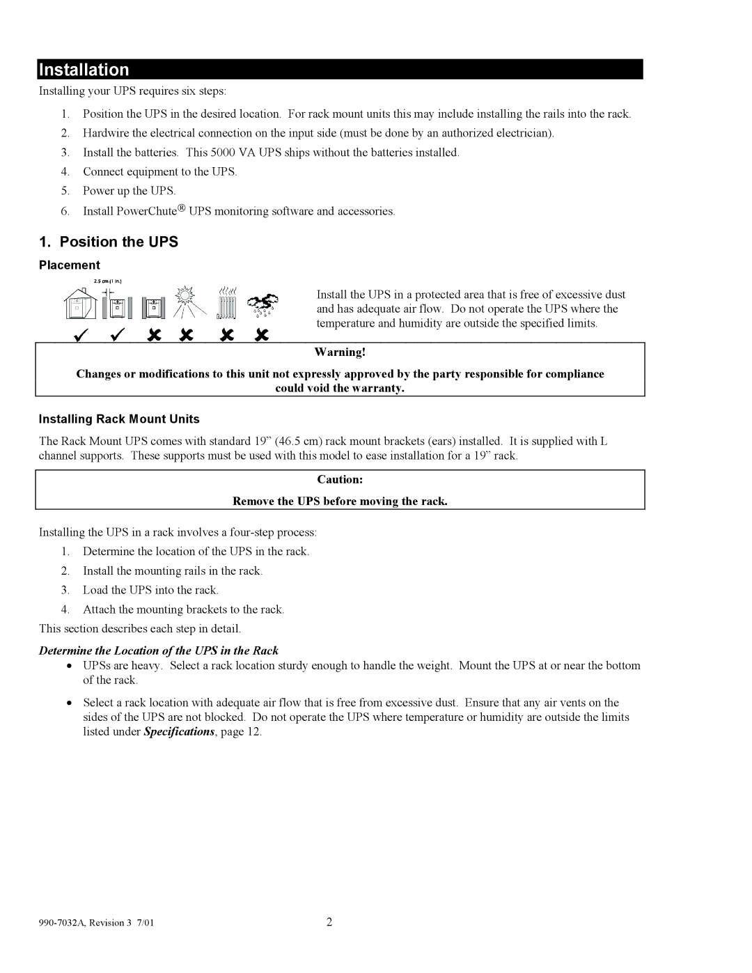 American Power Conversion 5000I user manual Installation, Position the UPS, Placement, Installing Rack Mount Units 