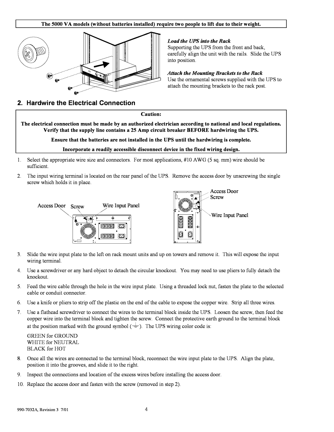 American Power Conversion 5000I user manual Hardwire the Electrical Connection, Load the UPS into the Rack 