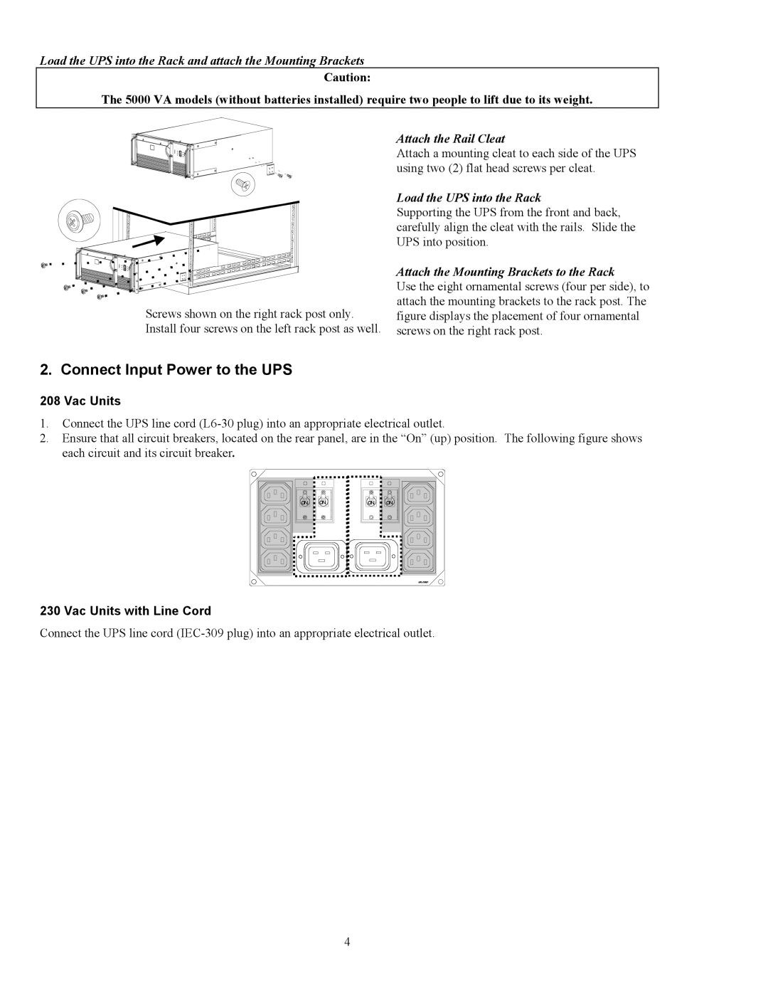 American Power Conversion 5000RMB user manual Connect Input Power to the UPS, Vac Units with Line Cord 