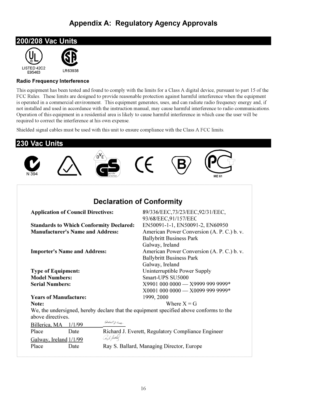 American Power Conversion 5000RMB user manual 200/208 Vac Units, Radio Frequency Interference 