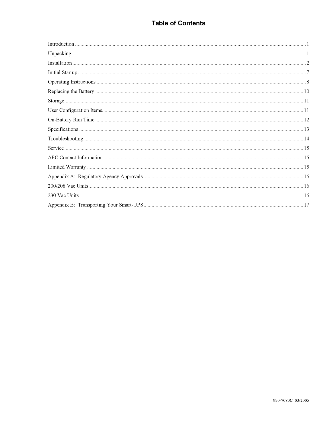 American Power Conversion 5000RMB user manual Table of Contents 