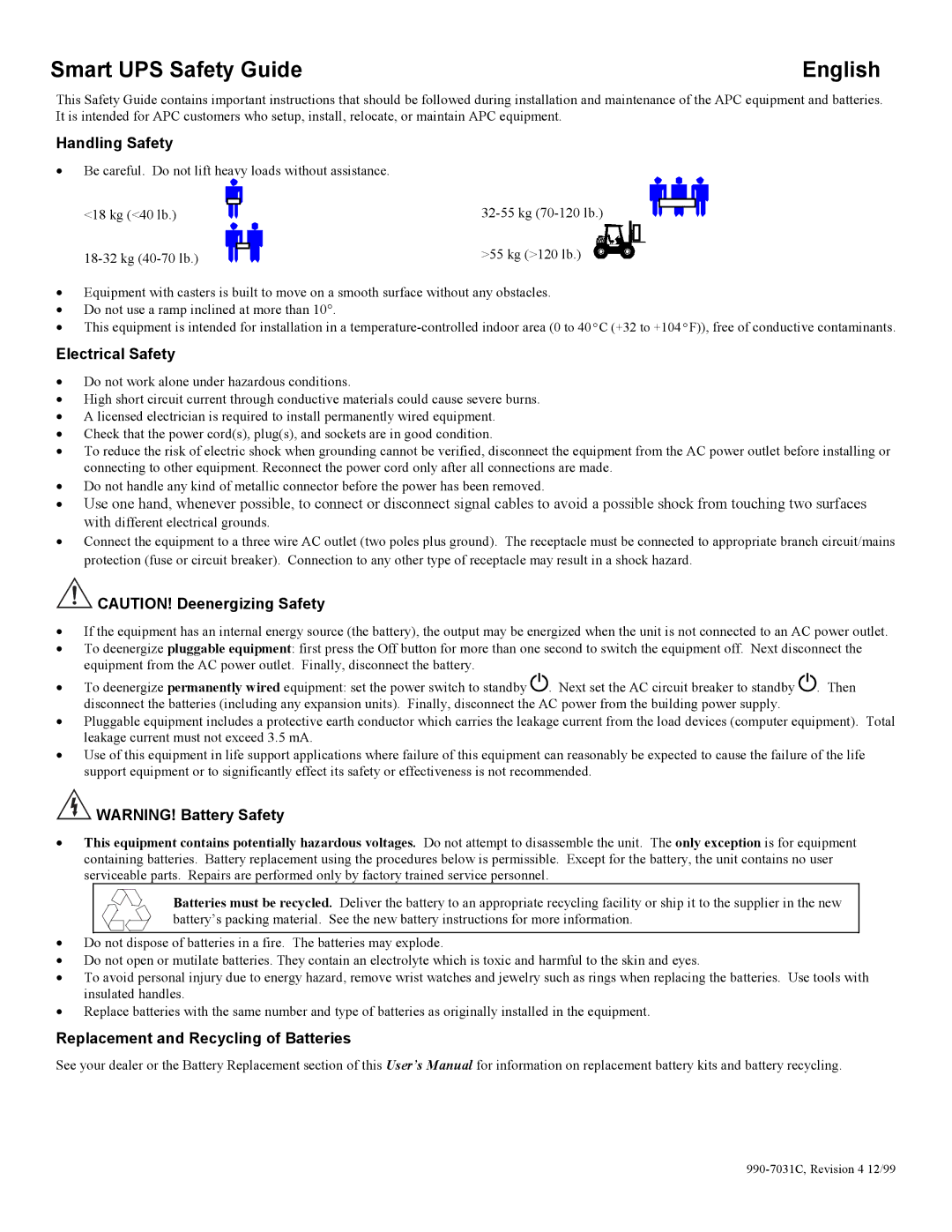 American Power Conversion 1400XLT, 5000T, 3000T Handling Safety, Electrical Safety, Replacement and Recycling of Batteries 