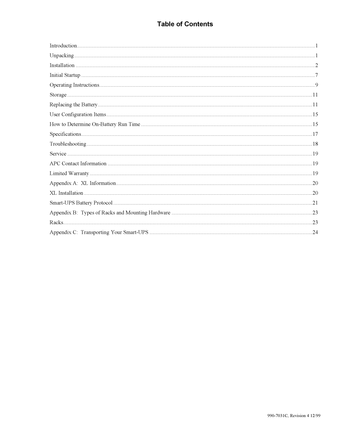 American Power Conversion 2200XLT, 5000T, 3000T, 1400XLT user manual Table of Contents 