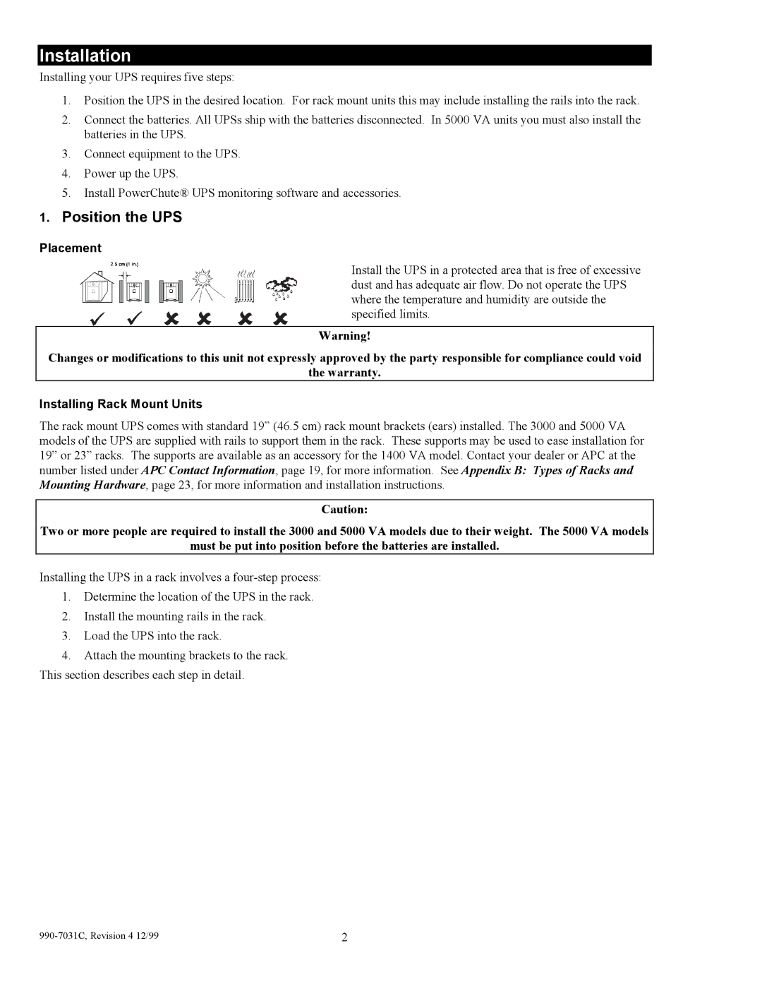 American Power Conversion 5000T, 2200XLT, 3000T, 1400XLT user manual Installation, Placement, Installing Rack Mount Units 