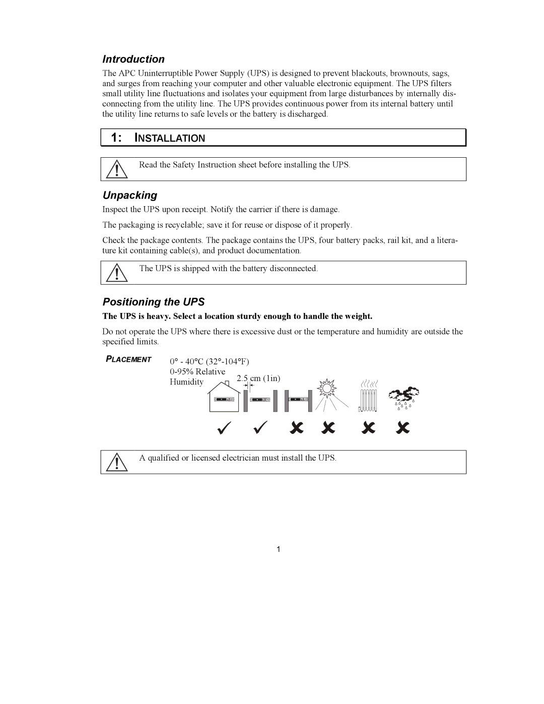 American Power Conversion 208VAC, 5000VA 5U user manual Introduction, Unpacking, Positioning the UPS, Installation 