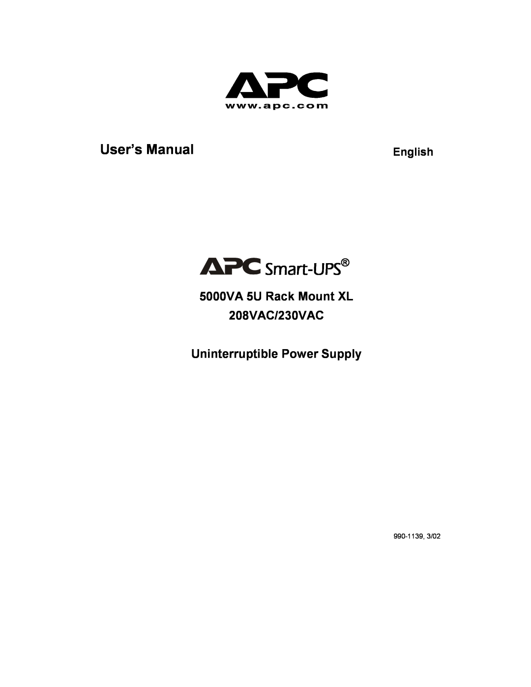 American Power Conversion 208VAC, 5000VA 5U user manual Smart-UPS, User’s Manual, English, 990-1139, 3/02 