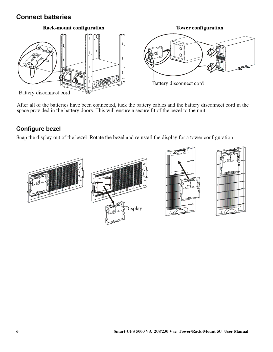 American Power Conversion 5000VA Connect batteries, Configure bezel, Rack-mount configuration Tower configuration 