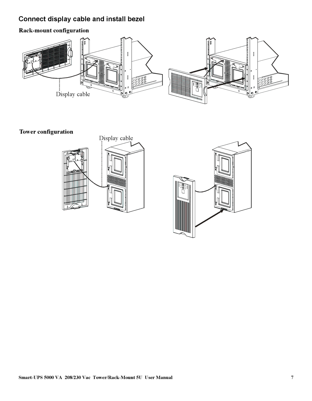 American Power Conversion 5000VA user manual Connect display cable and install bezel, Rack-mount configuration 