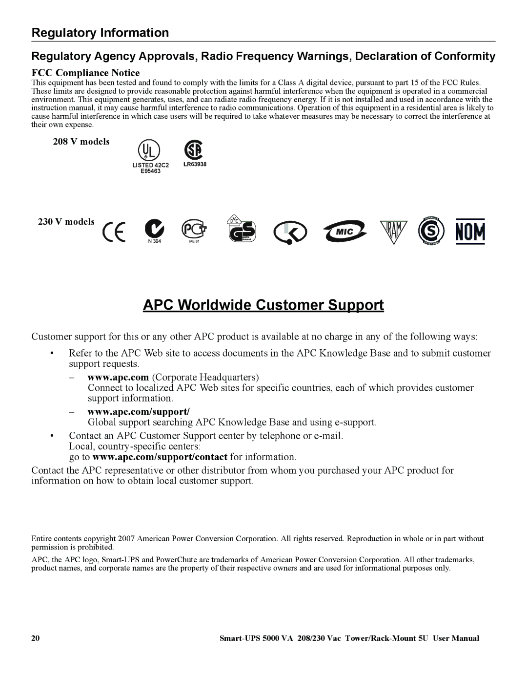 American Power Conversion 5000VA user manual Regulatory Information, FCC Compliance Notice Models 