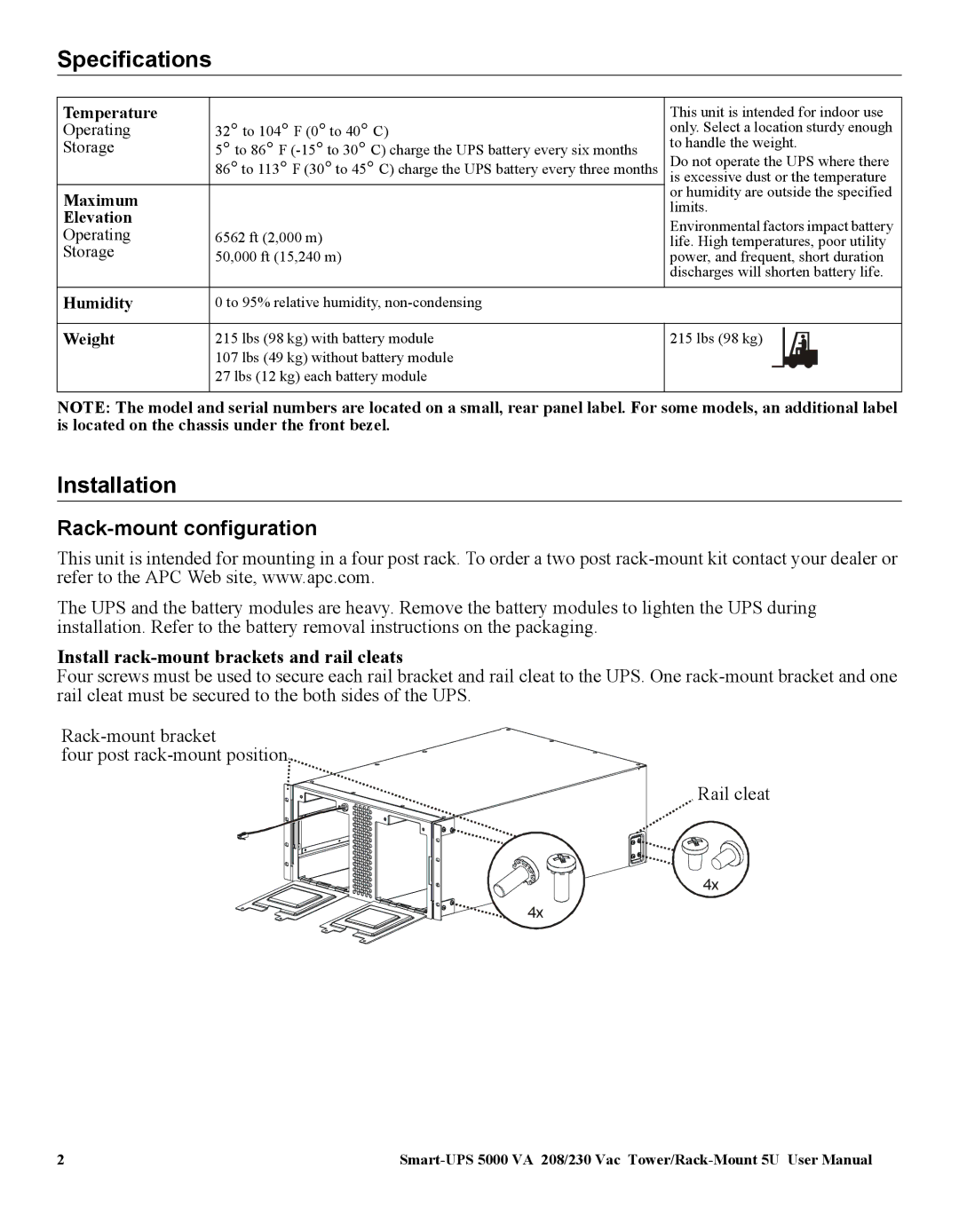 American Power Conversion 5000VA user manual Specifications, Installation, Rack-mount configuration 