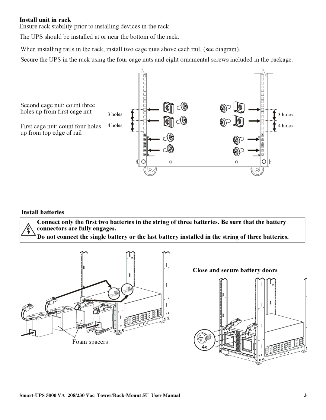 American Power Conversion 5000VA user manual Install unit in rack 