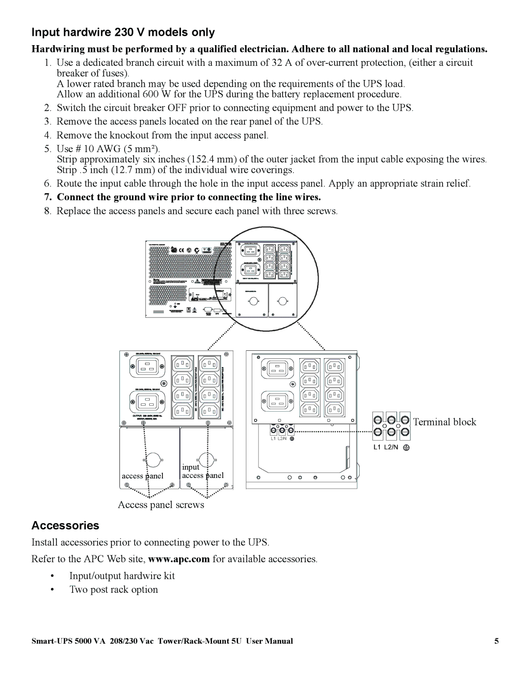 American Power Conversion 5000VA user manual Input hardwire 230 V models only, Accessories 