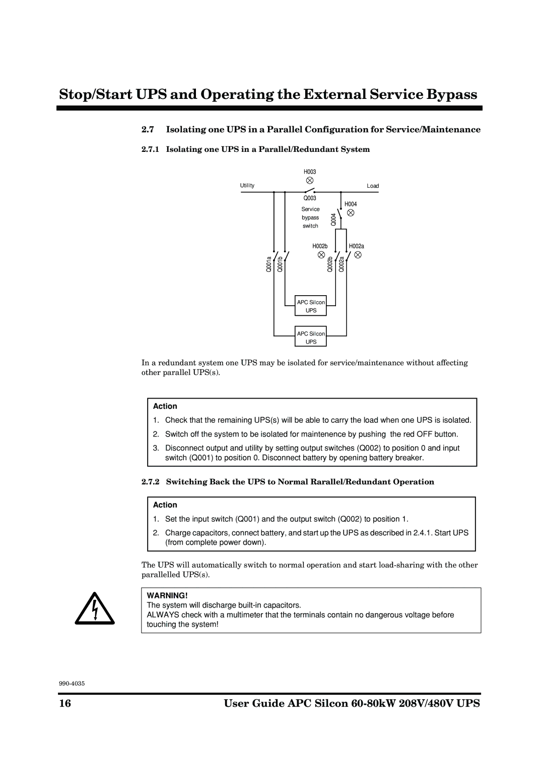 American Power Conversion 60-80kW 208/480V manual Isolating one UPS in a Parallel/Redundant System 