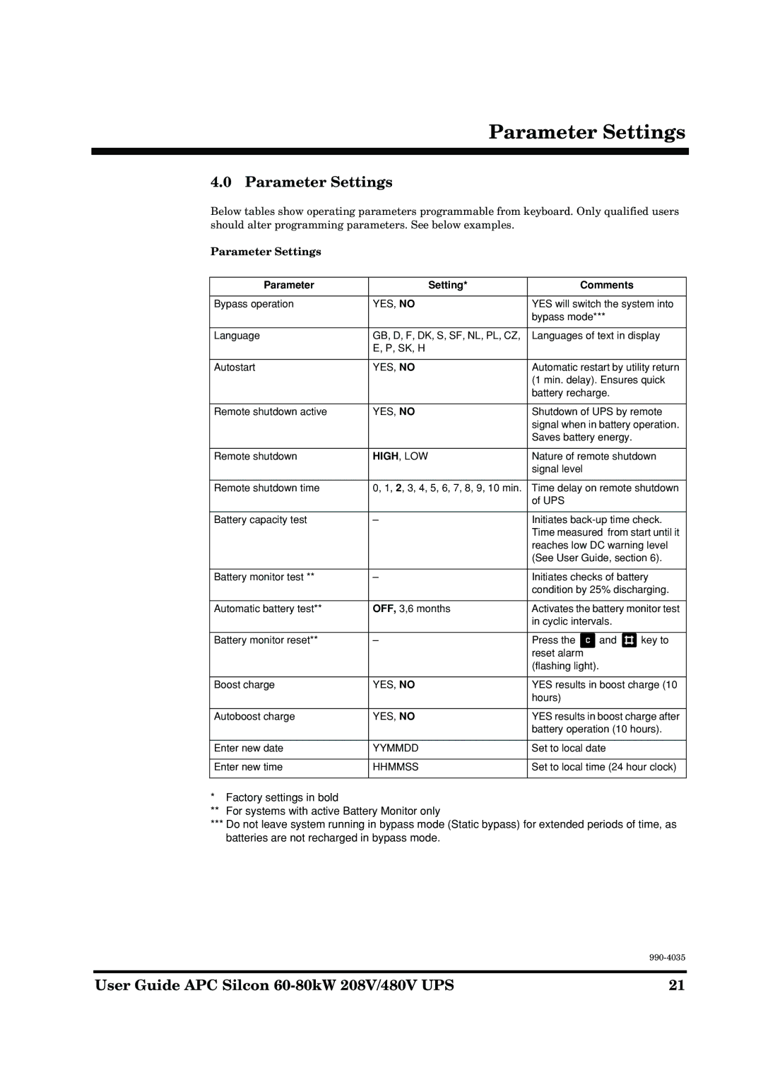 American Power Conversion 60-80kW 208/480V manual Parameter Settings 