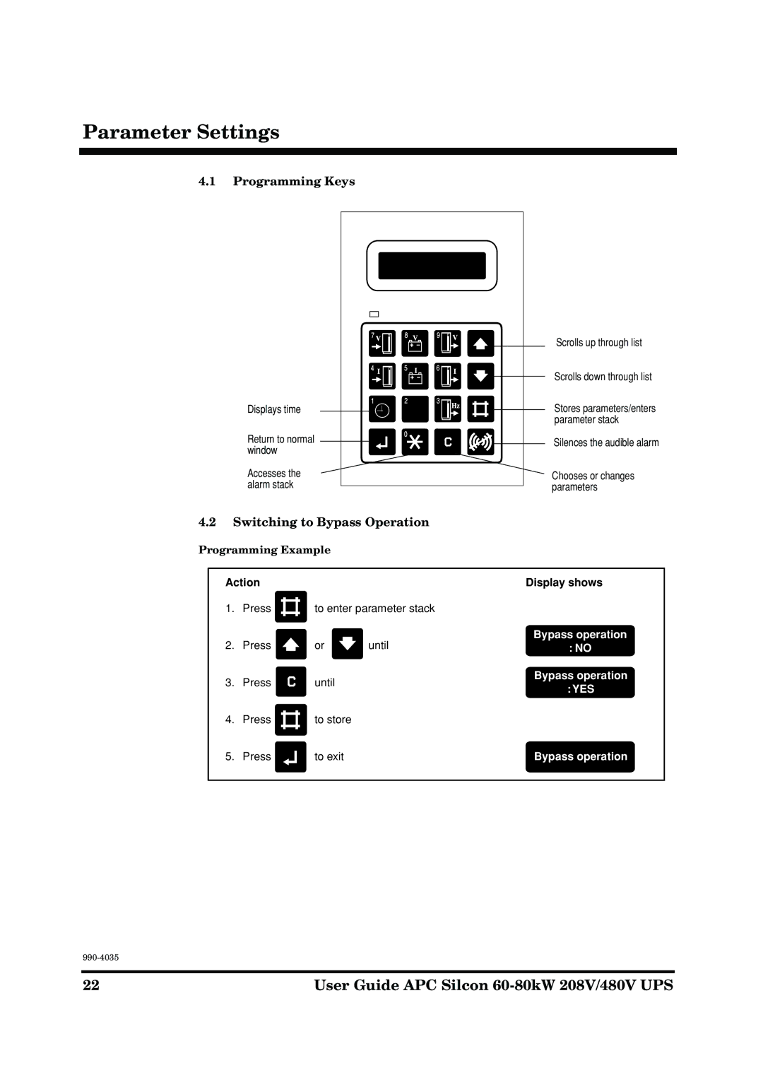 American Power Conversion 60-80kW 208/480V manual Programming Keys, Switching to Bypass Operation, Programming Example 