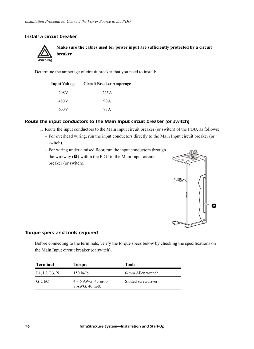 American Power Conversion 60kW InfraStruXureTM System manual Install a circuit breaker, Torque specs and tools required 