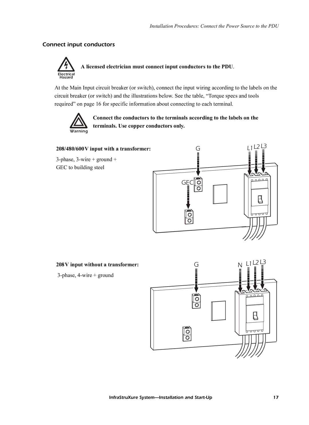 American Power Conversion 60kW InfraStruXureTM System manual Connect input conductors, 208V input without a transformer 