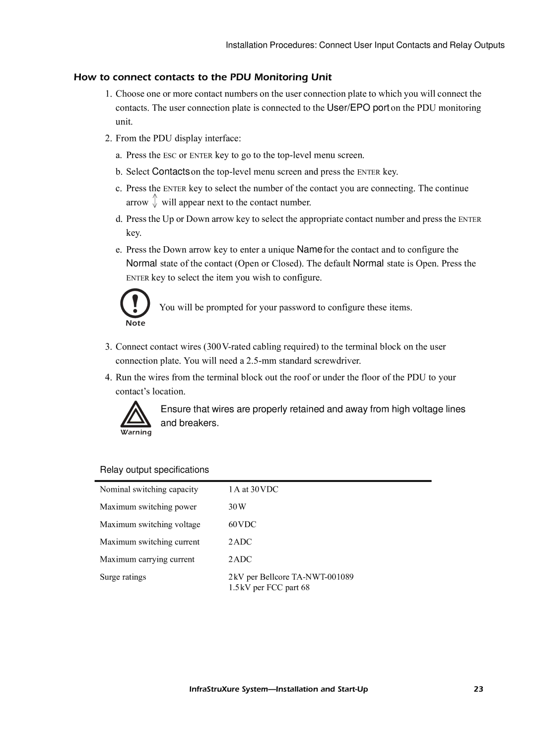 American Power Conversion 60kW InfraStruXureTM System manual How to connect contacts to the PDU Monitoring Unit 