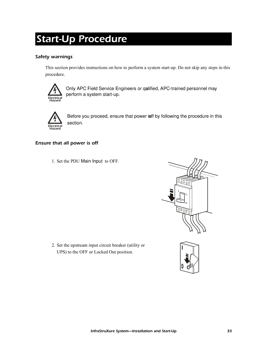 American Power Conversion 60kW InfraStruXureTM System manual Start-Up Procedure, Ensure that all power is off 