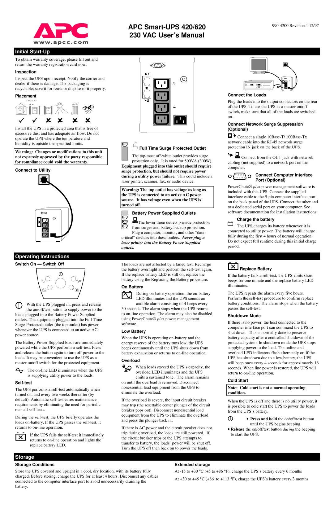 American Power Conversion 620 user manual Initial Start-Up, Operating Instructions, Storage 