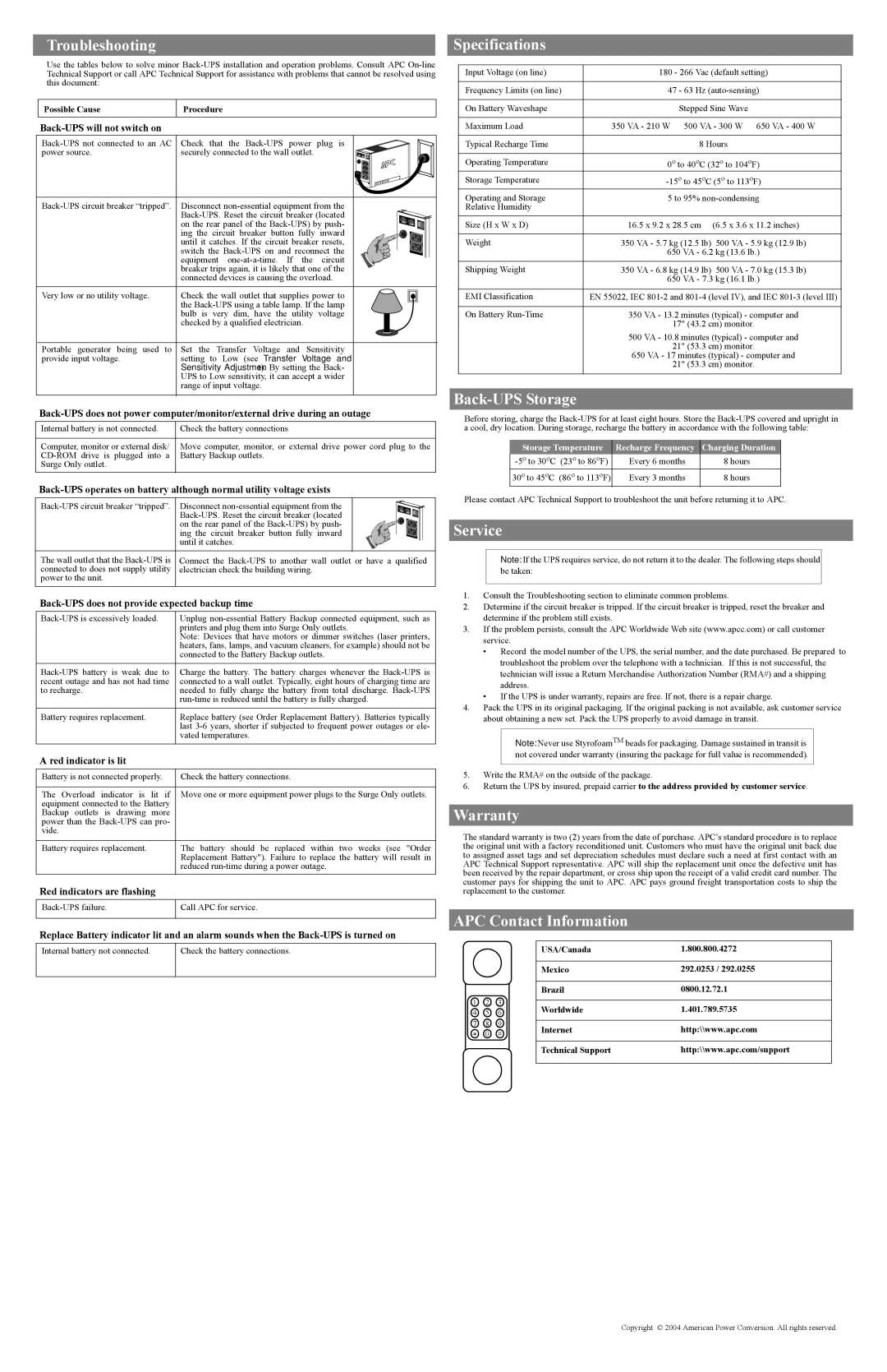 American Power Conversion 350, 500, 650 user manual Troubleshooting, Specifications, Back-UPS Storage, Service, Warranty 