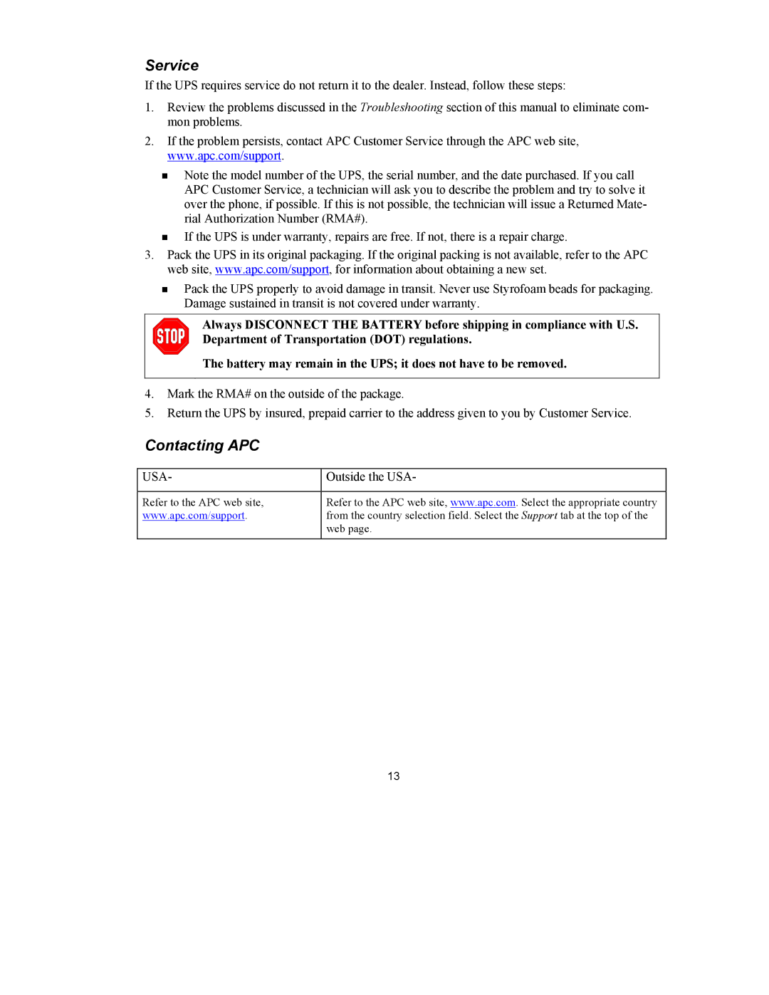 American Power Conversion 750 VA user manual Service, Contacting APC 