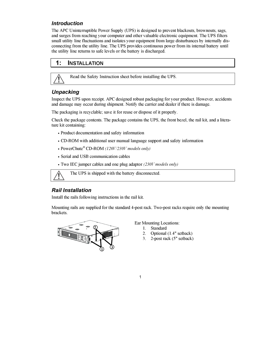 American Power Conversion 750 VA user manual Introduction, Unpacking, Rail Installation 