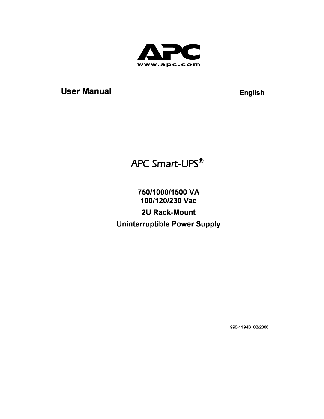 American Power Conversion 750 VA user manual APC Smart-UPS, User Manual, 750/1000/1500 VA 100/120/230 Vac 2U Rack-Mount 