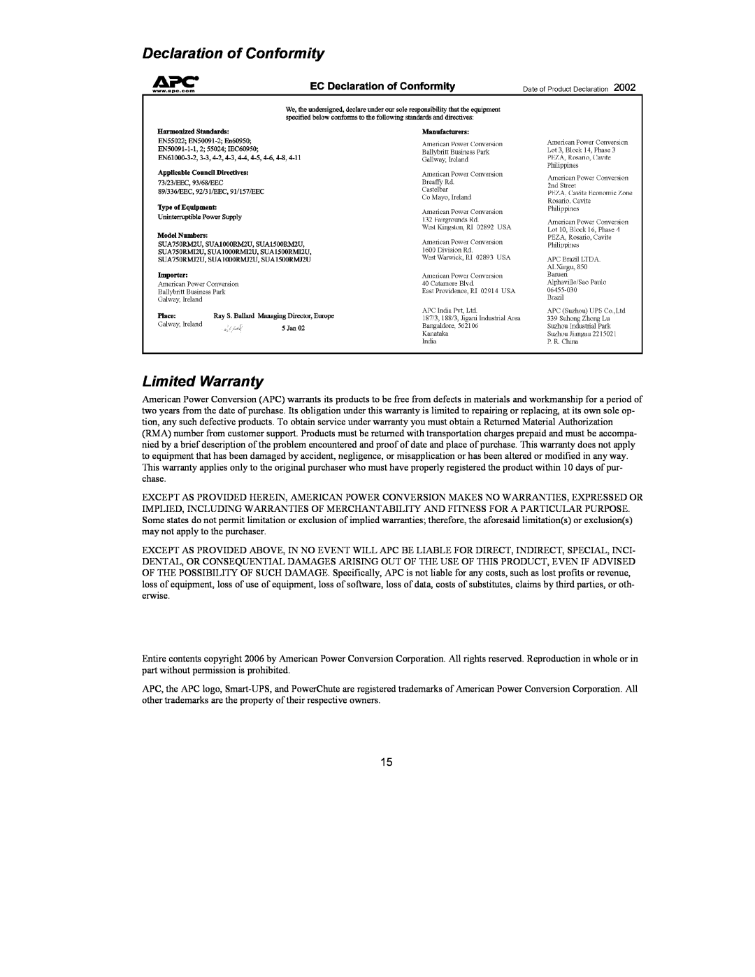 American Power Conversion 750 VA user manual Declaration of Conformity Limited Warranty 