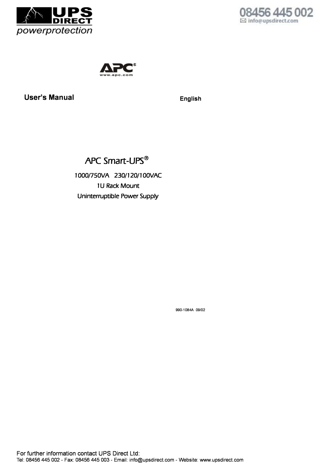 American Power Conversion user manual APC Smart-UPS, User’s Manual, 1000/750VA 230/120/100VAC 1U Rack Mount, English 