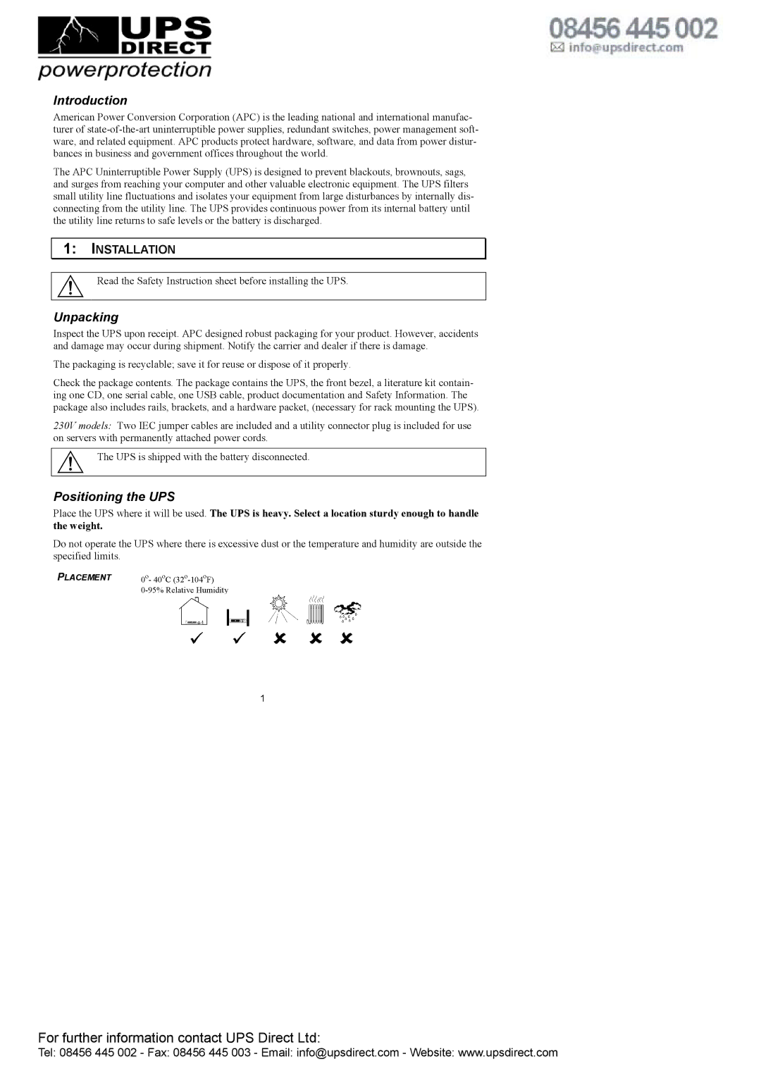 American Power Conversion 1000, 750VA user manual Introduction, Unpacking, Positioning the UPS 