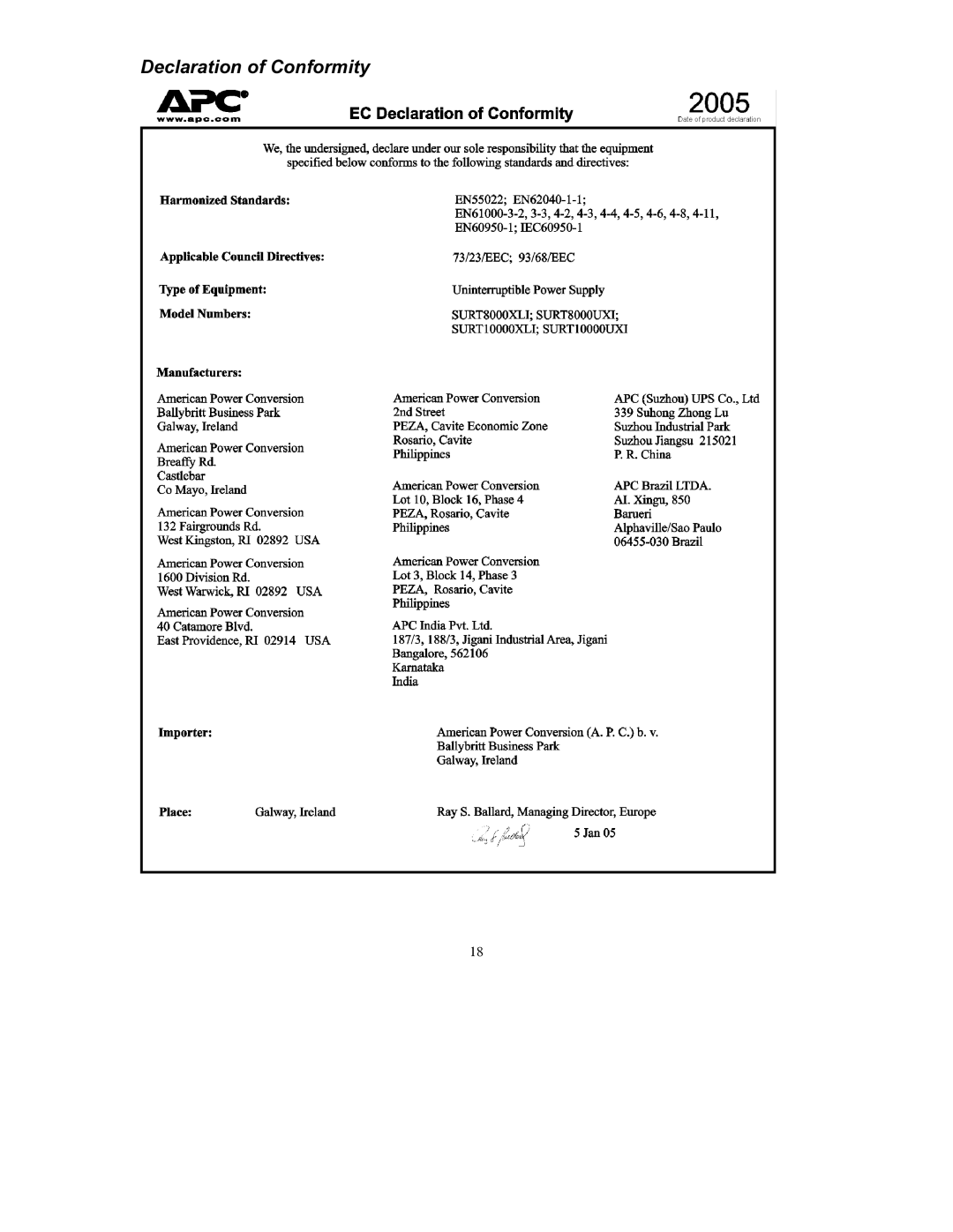 American Power Conversion 8000 VA, 220 VAC, 240 VAC, 10000 VA user manual Declaration of Conformity 