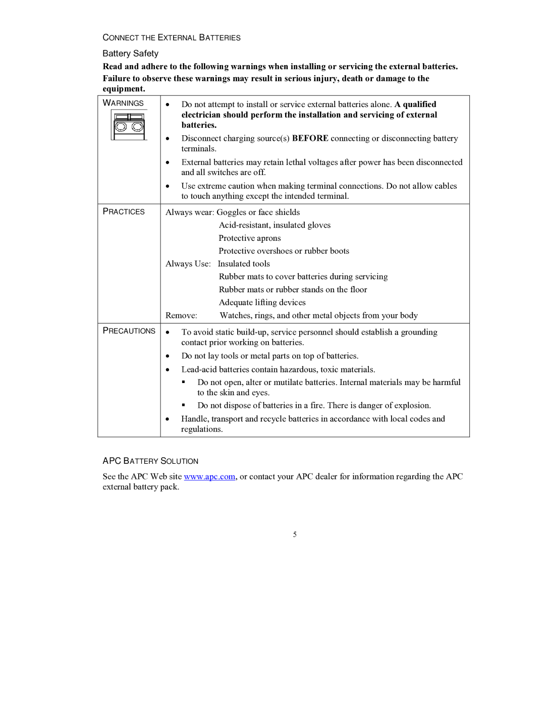 American Power Conversion 10000 VA, 8000 VA, 220 VAC, 240 VAC user manual Battery Safety 