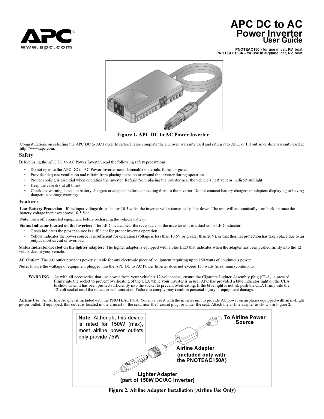 American Power Conversion AC Power Inverter warranty APC DC to AC, User Guide, Features 