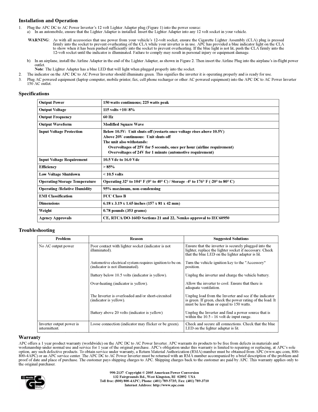 American Power Conversion AC Power Inverter warranty Installation and Operation, Specifications, Troubleshooting, Warranty 