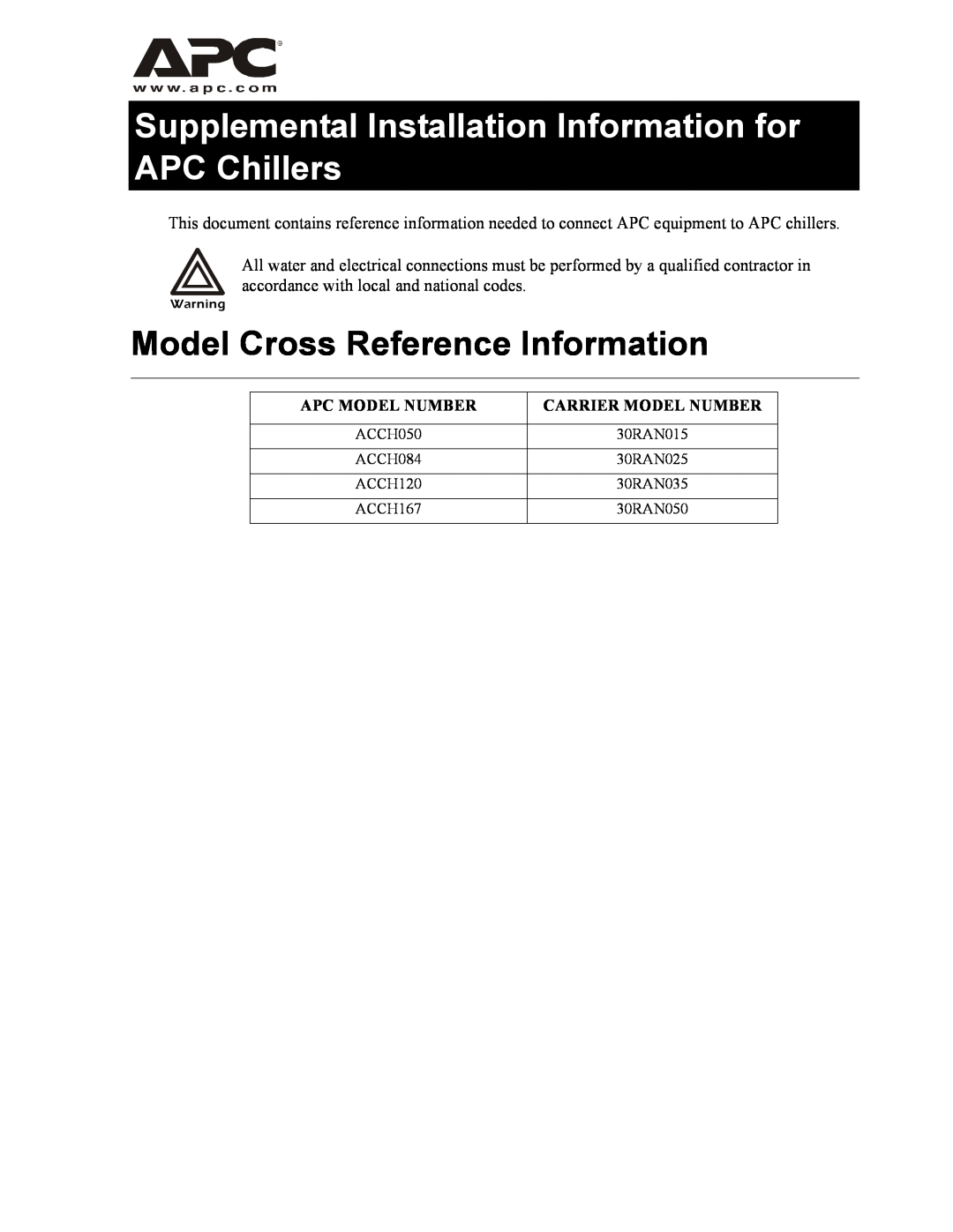 American Power Conversion ACCH084 manual Model Cross Reference Information, Apc Model Number, Carrier Model Number 